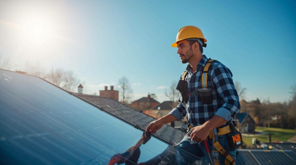 Technician performing roof inspection for solar roof integration Columbus