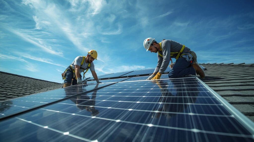 Engineer installing efficient rooftop panels as part of personalized energy consultation in Columbus.