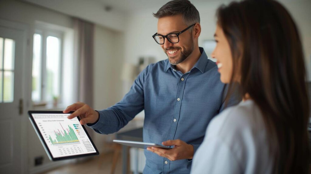 Consultants reviewing home energy usage data during solar financing assessment in Columbus