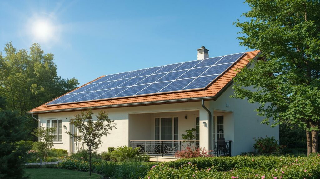 A family home with rooftop solar panels under bright sunlight, showing how many solar panels you need as a typical homeowner.