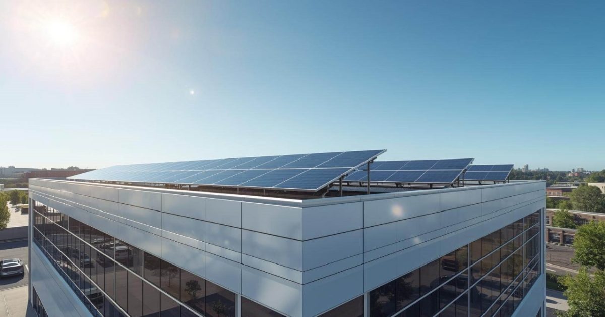 A commercial building with rooftop solar panels representing commercial solar installation in Columbus for offices and businesses.