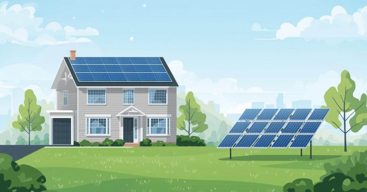Illustration showing rooftop and ground-mounted solar panels on Ohio homes, comparing installation options and highlighting the best solar option for Ohio homes.
